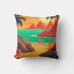 Colourful Summer Tropical Beach Landscape Artwork  Throw Pillow