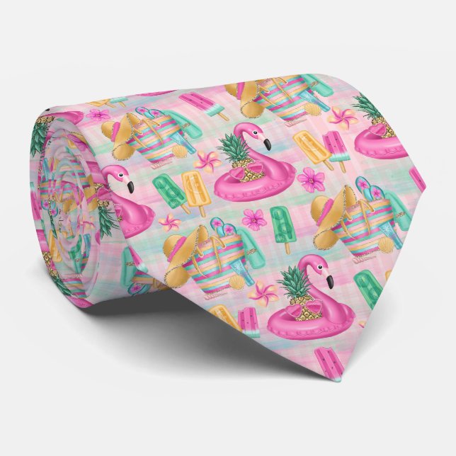 Colourful Summer Vibes Beach Flamingo Neck Tie (Rolled)