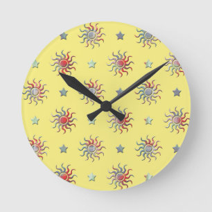 Colourful sun and stars design round clock