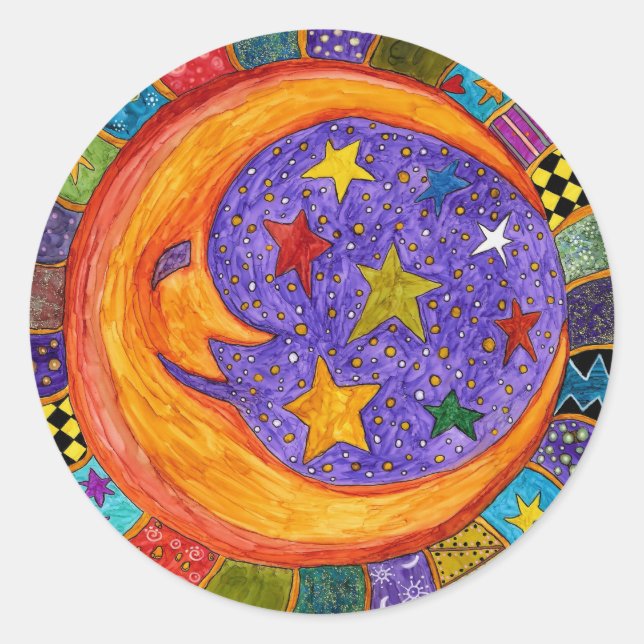 Colourful, Sun, Moon and Stars Coaster Classic Round Sticker (Front)