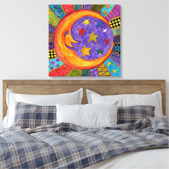 Colourful Sun, Moon and Stars Wrapped Canvas  (Insitu(Bedroom))