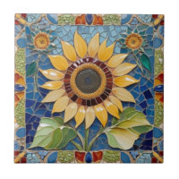 Colourful Sunflower Faux Mosaic Blue