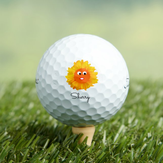 Colourful Sunflower Lady Orange Yellow 4Sue Golf Balls (Insitu Tee)