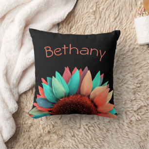 Colourful Sunflower on Black Personalized Throw Pillow