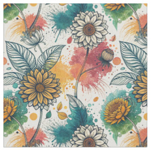 Colourful Sunflower Paint Splatter Artwork Pattern Fabric