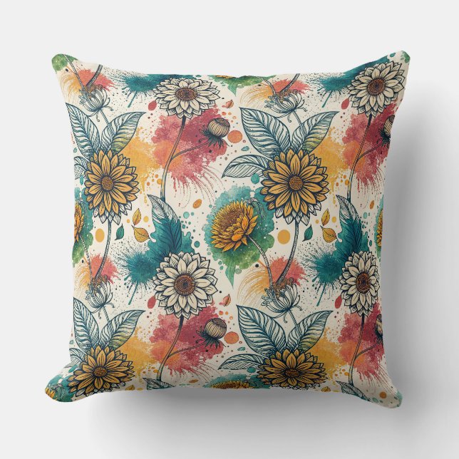 Colourful Sunflower Paint Splatter Artwork Pattern Throw Pillow (Front)