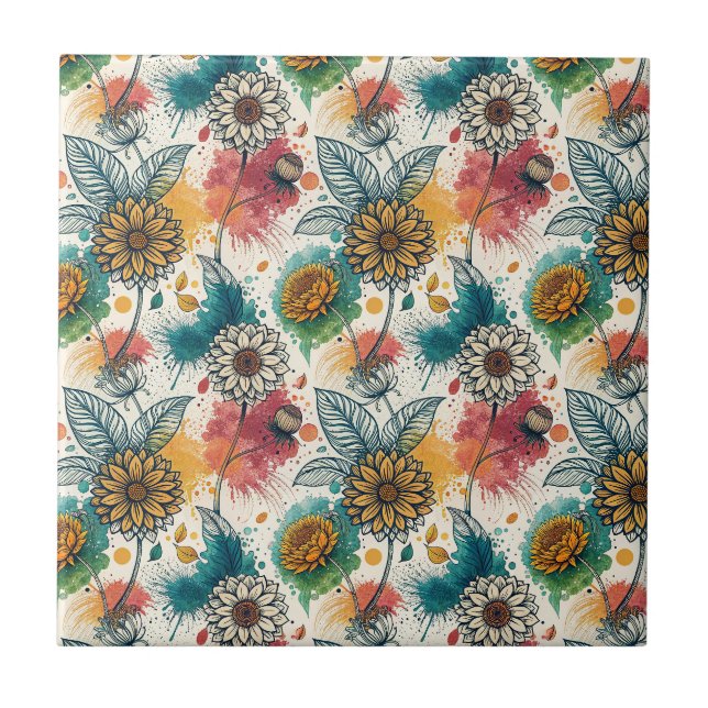 Colourful Sunflower Paint Splatter Artwork Pattern Tile (Front)