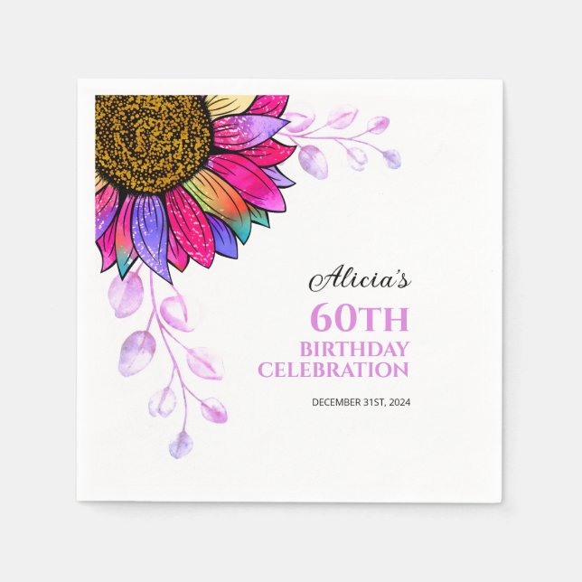 Colourful Sunflower Purple Leaf Birthday  Napkin (Front)