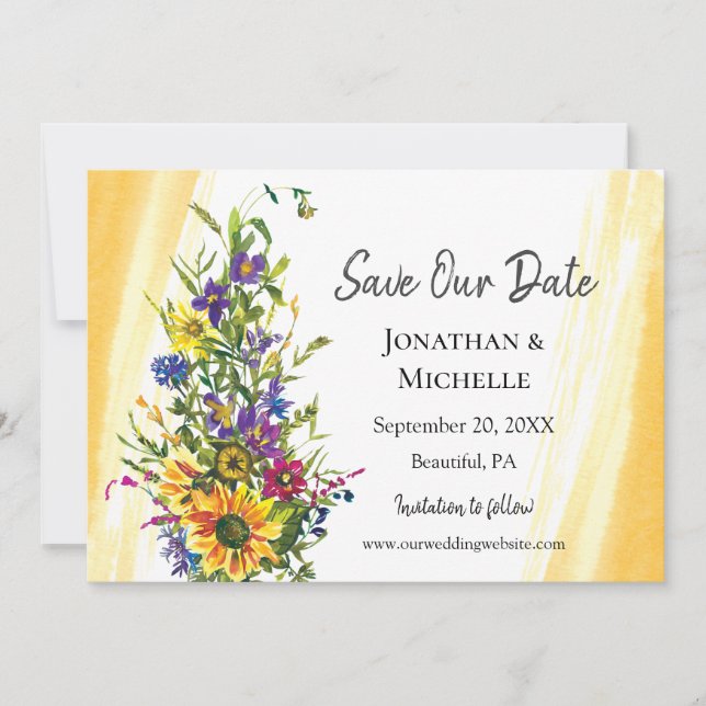 Colourful Sunflower Wildflowers Greenery Wedding Save The Date (Front)