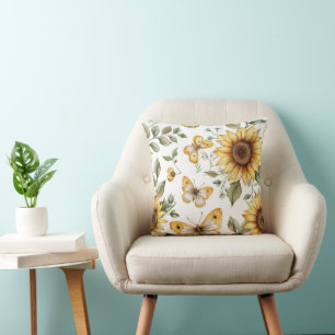 Colourful sunflowers & butterflies in bloom throw pillow