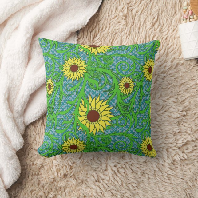 Colourful Sunflowers Floral Illustration Throw Pillow (Blanket)