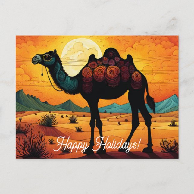 Colourful Sunset Camel in Desert Happy Holidays Postcard (Front)