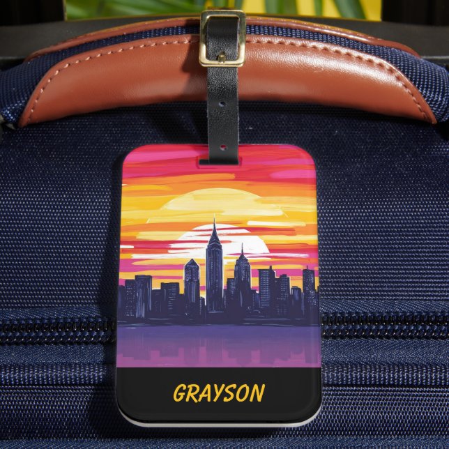 Colourful Sunset City Skyline Luggage Tag (Front Insitu 2)