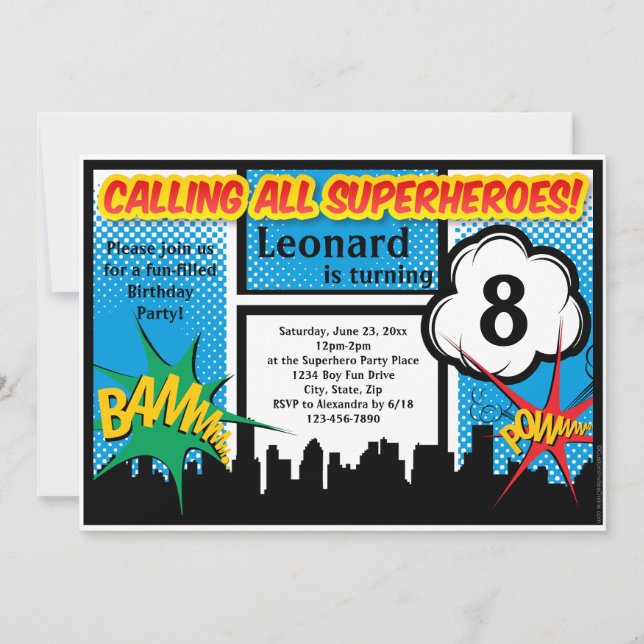 Colourful Superhero Comic Boy's Birthday Party Invitation (Front)