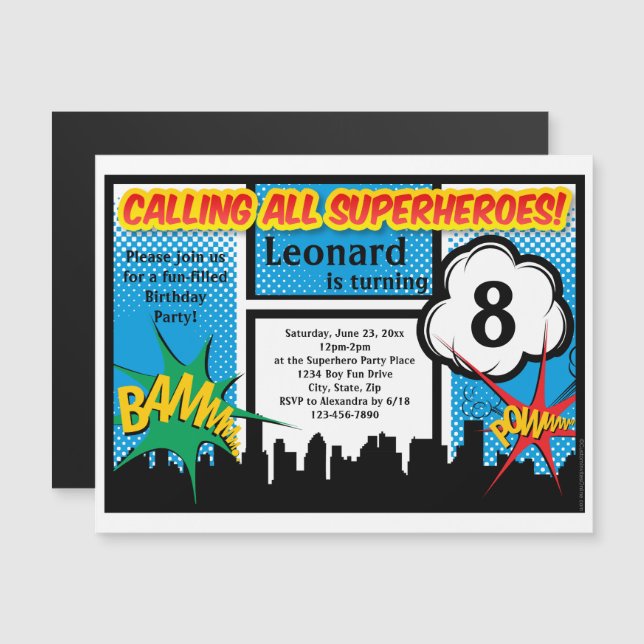Colourful Superhero Comic Boy's Birthday Party Magnetic Invitation (Front/Back)