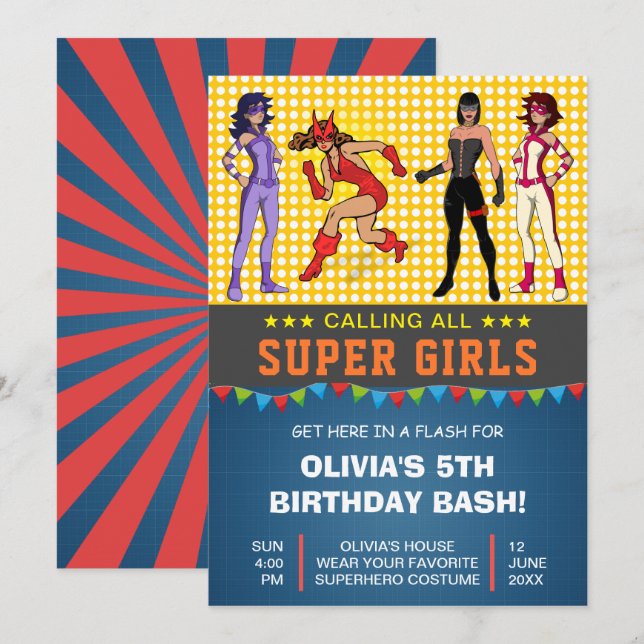 Colourful Superhero Girls Birthday Party Invitatio Invitation (Front/Back)