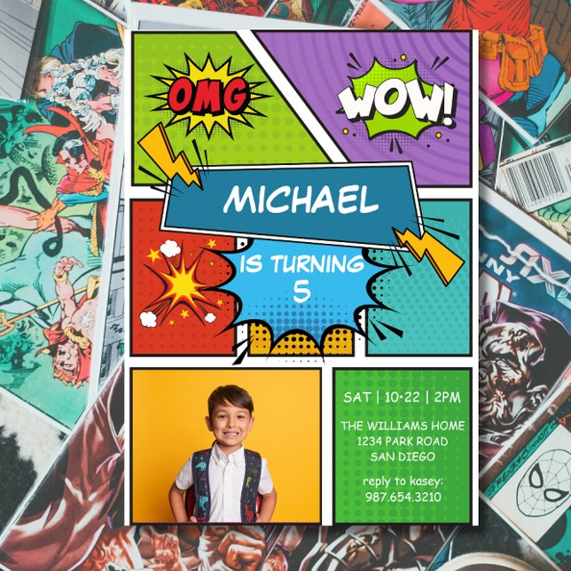 Colourful Superhero Pop Art Birthday Invitation (Creator Uploaded)