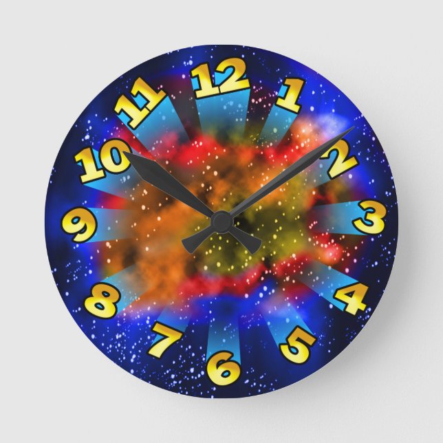 Colourful Supernova With Flying Numbers Round Clock (Front)