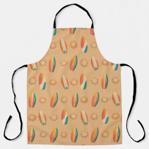 Colourful surfboards and suns against golden sand. apron