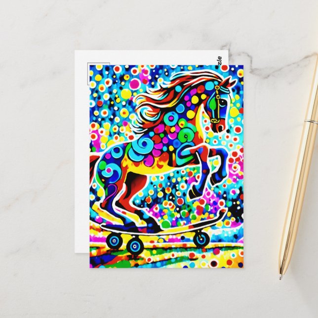 Colourful Surreal Horse Skateboarding Postcard (Front/Back In Situ)