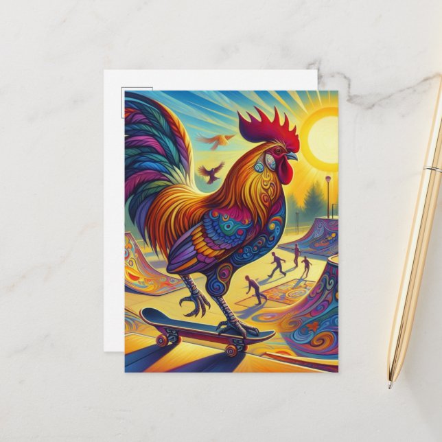 Colourful Surreal Skateboarding Rooster Postcard (Front/Back In Situ)