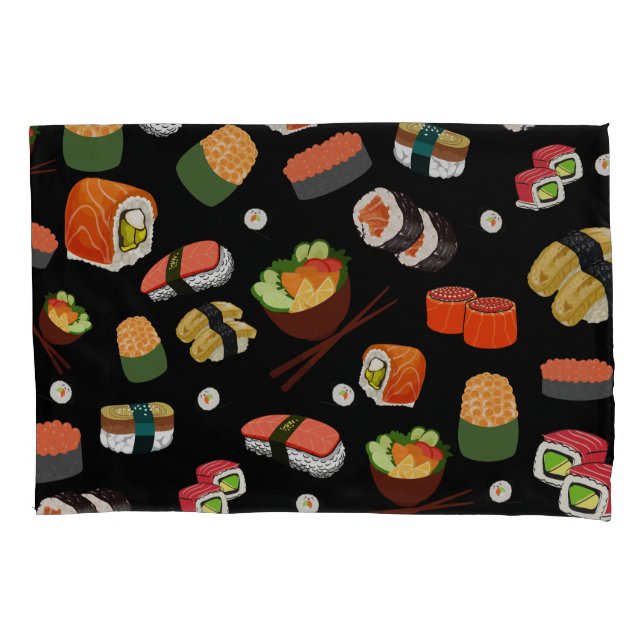 Colourful Sushi on Black Background Pillowcase (Front)