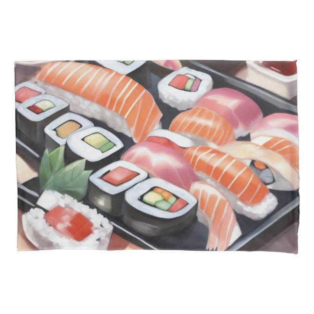 Colourful Sushi on Black Platter Pillowcase (Front-Left)