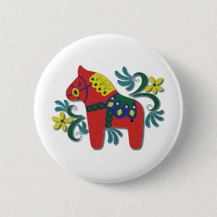 Colourful Swedish Dala Horse 2 Inch Round Button