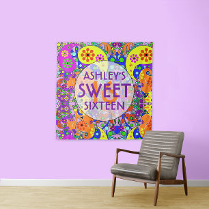 Colourful Sweet 16 Birthday Backdrop Tapestry