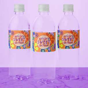 Colourful Sweet 16 Birthday  Water Bottle Label