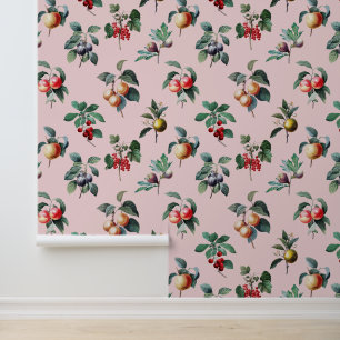 Colourful Sweet Botanical Vintage Fruit on Pink Wallpaper