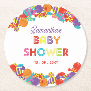 Colourful Sweet Fun Candy Baby Shower Round Paper Coaster