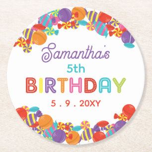 Colourful Sweet Fun Candy Birthday Party Round Paper Coaster