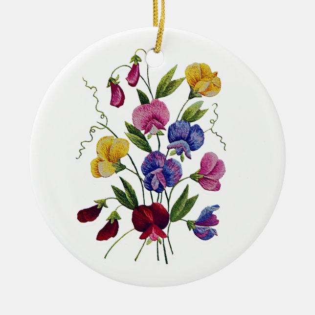 Colourful Sweet Peas Embroidered Ceramic Ornament (Front)