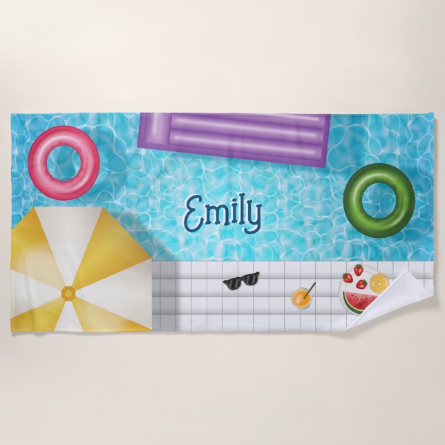 Colourful Swimming Pool And Pool Things With Name Beach Towel (Front)