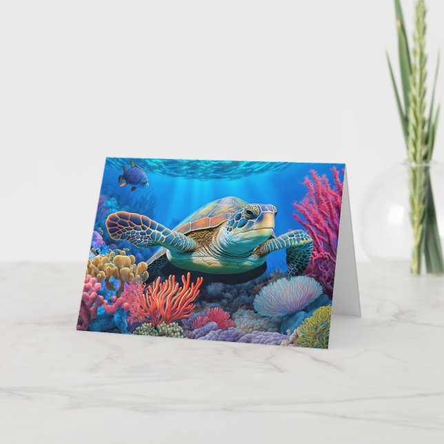 Colourful Swimming Sea Turtle Card (Front)