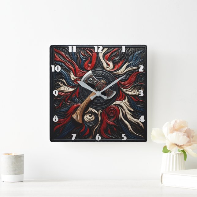 Colourful Swirling Fireman's Axe Square Wall Clock (Home)
