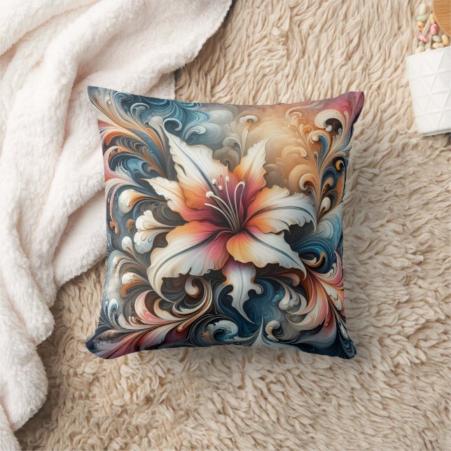 Colourful Swirling Floral Design With Lily Throw Pillow (Blanket)
