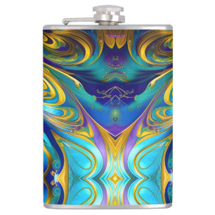 Colourful Swirls Abstract, blue gold purple Hip Flask
