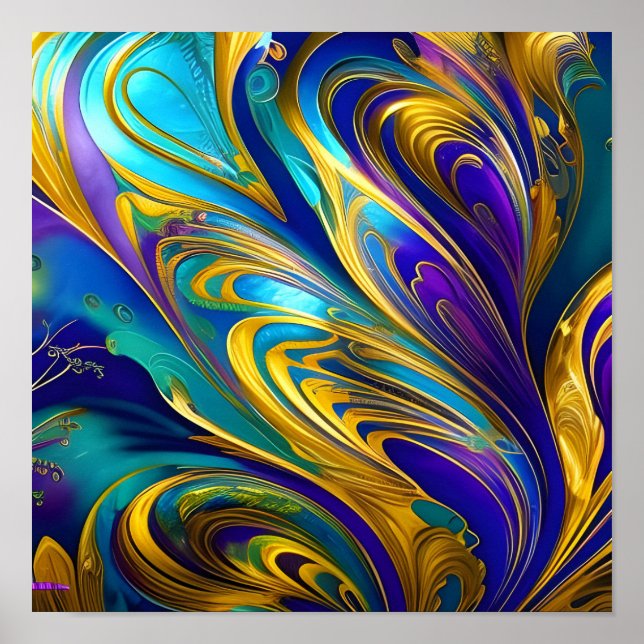 Colourful Swirls Abstract, blue gold purple Poster (Front)