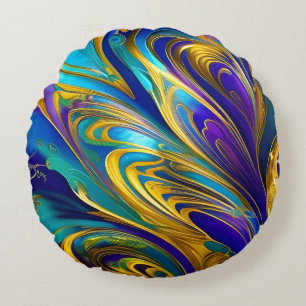 Colourful Swirls Abstract, blue gold purple Round Pillow