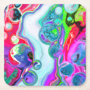 Colourful Swirls Abstract Bubbles Fluid Art      Square Paper Coaster
