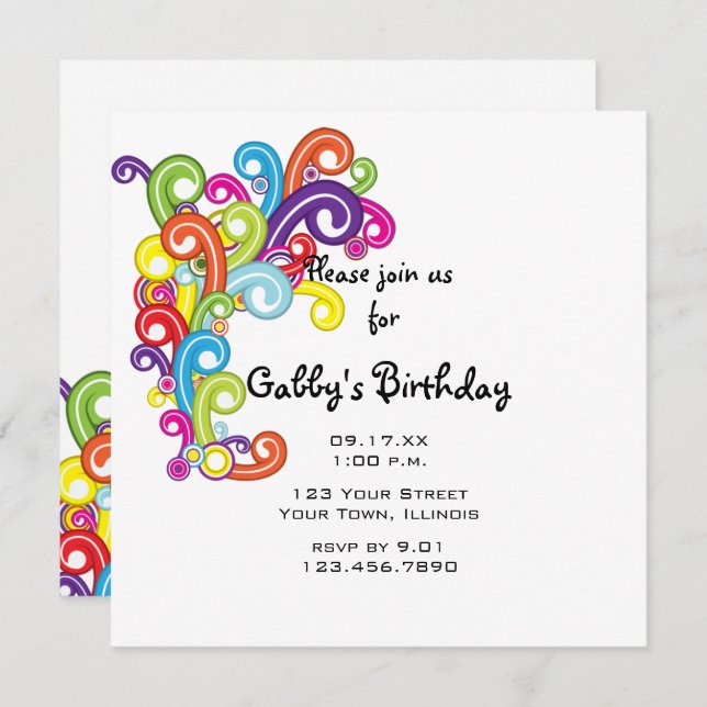 Colourful Swirls Birthday Party Invitation (Front/Back)