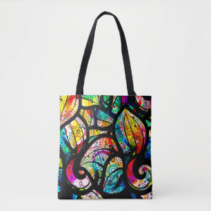 Colourful Swirls Collage Stained Glass Look Tote Bag