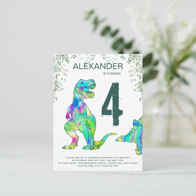 Colourful T Rex Birthday Party Budget  Invitation Postcard (Standing Front)