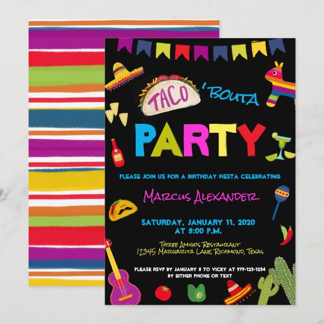 Colourful Taco Bouta Party Fiesta Birthday Party Invitation (Front/Back)
