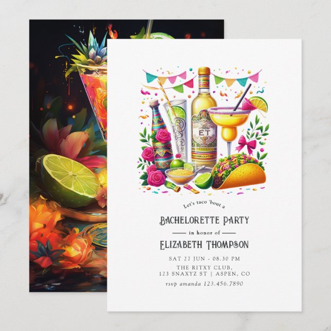 Colourful Tacos & Tequila Fiesta Bachelorette Bash Invitation (Front/Back)