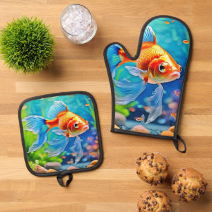 Colourful Tank Goldfish Design Oven Mitt & Pot Holder Set