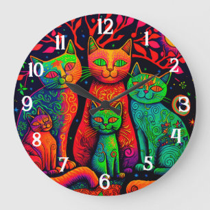 Colourful Tapestry Cats Kittens Large Clock