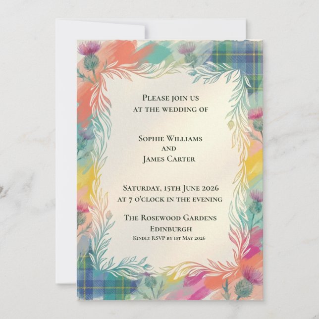 Colourful Tartan Wildflower Wedding Invitation (Front)
